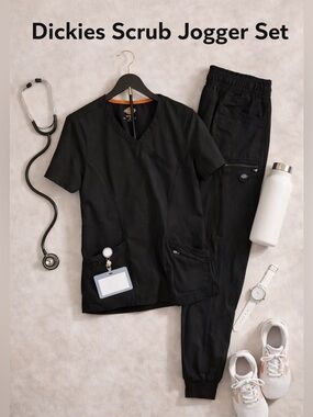 Dickies Black Medical Scrub Top and Jogger Pants Set Size Medium
